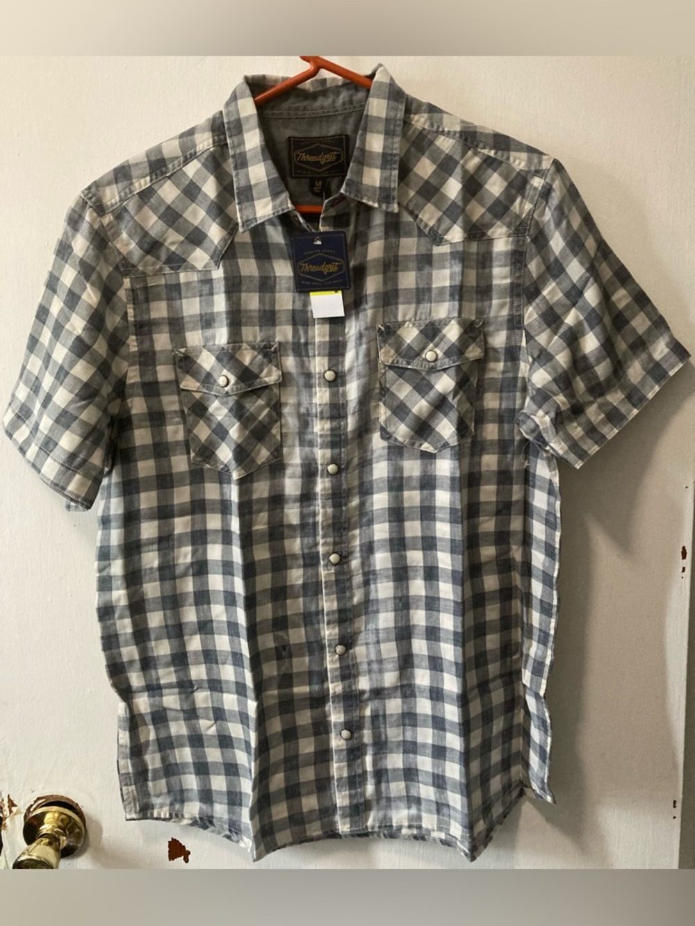 Threadgrit Men’s Charcoal And White Short Sleeve Western Plaid Shirt Size Medium